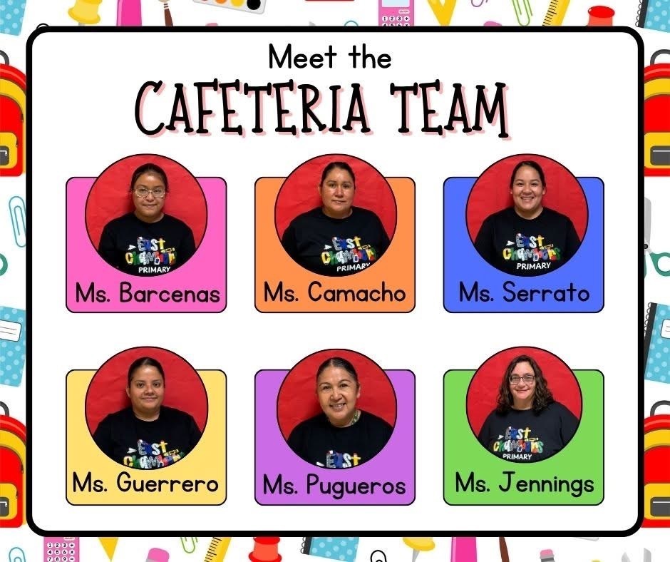 Collage of six people, each with a name label. The background has school-themed decorations.
