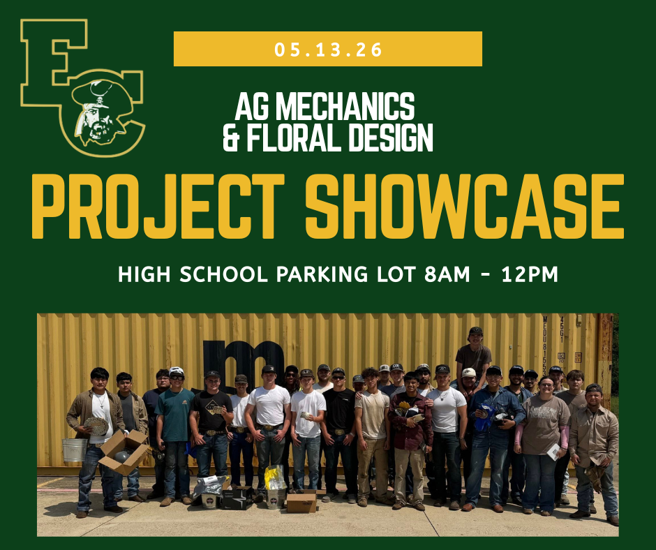 Green poster with text "05.13.26 AG MECHANICS & FLORAL DESIGN PROJECT SHOWCASE" and group photo of men.