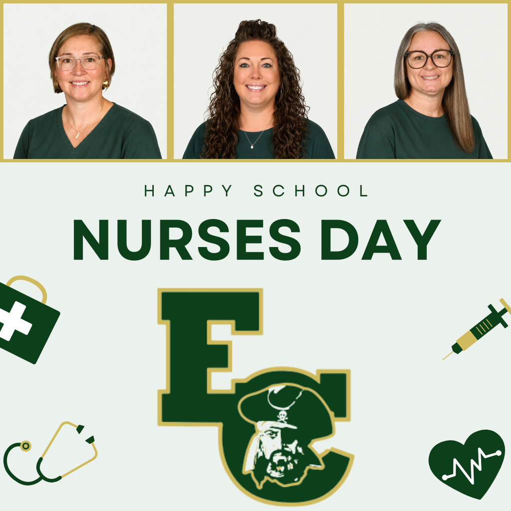 Three smiling women in green shirts and glasses. Text reads "Happy School Nurses Day". Icons include a heart, medical symbols.