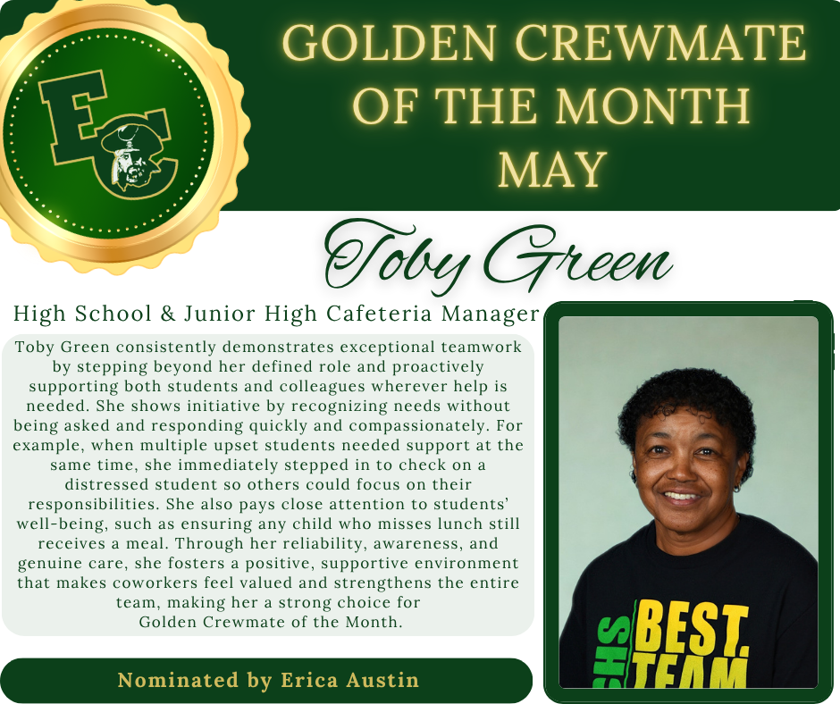 A green background displays a badge for "Golden Crewmate of the Month" for May. A smiling woman, Toby Green, is featured with her name and title.