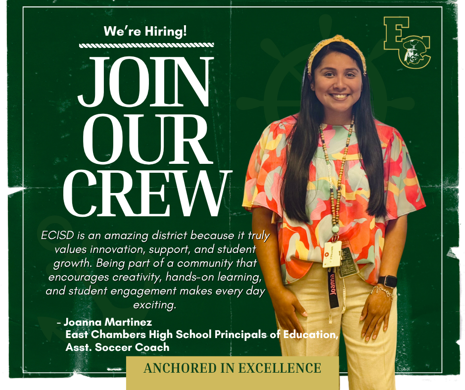 A person stands against a green background, smiling. The text reads, "We're Hiring! JOIN OUR CREW." The person wears a floral top and tan pants.