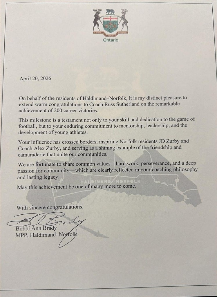 A letter congratulates Coach Russ Sutherland for 200 career victories. It highlights his impact and commitment to youth, community, and leadership.