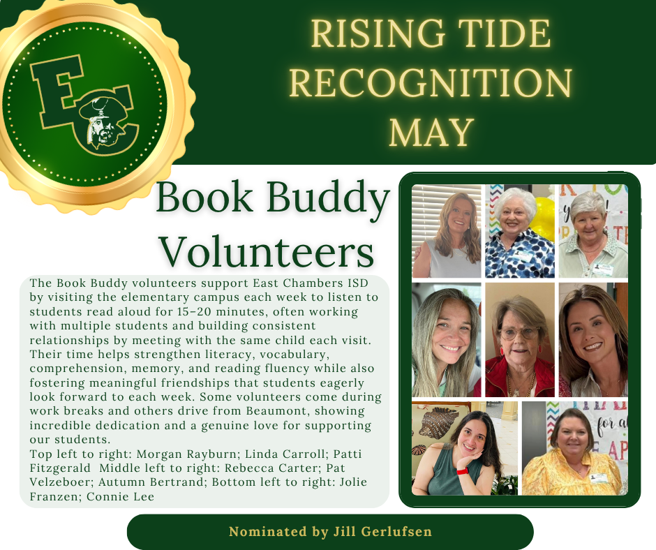 Green background with gold and white text. "Rising Tide Recognition May" at top. "Book Buddy Volunteers" below. Photos of smiling volunteers.
