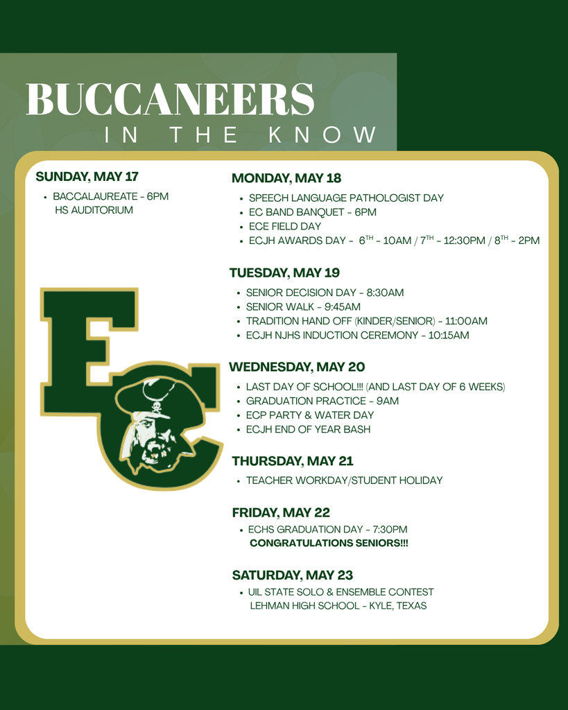 An event schedule from May 17 to May 23 shows days, times, and activities. Green and white colors.