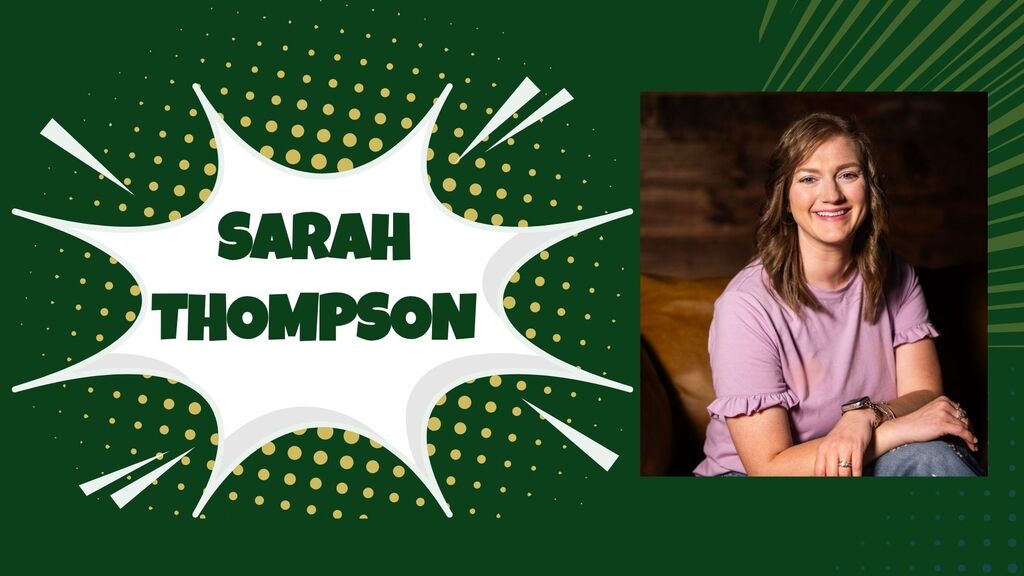 A photo of a woman sitting. The text "SARAH THOMPSON" is on a white background with green and yellow dots.