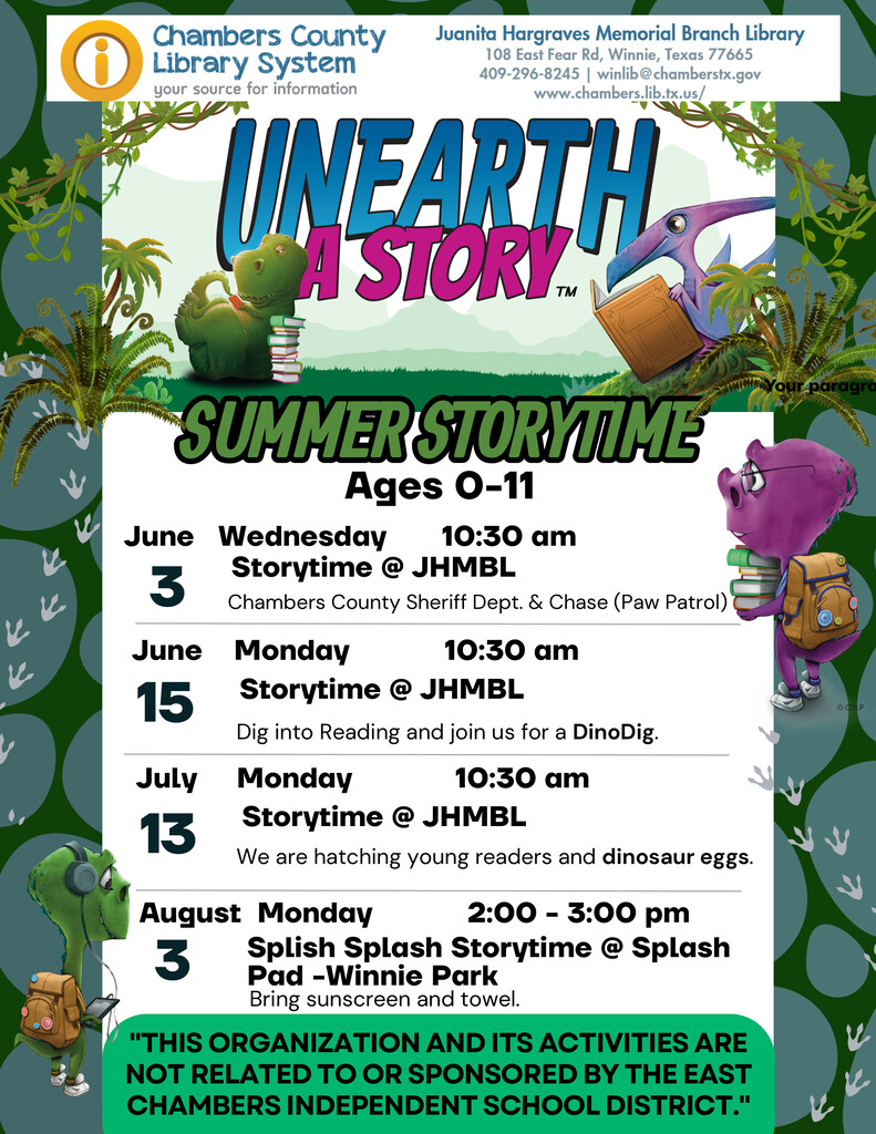 A poster for Summer Storytime ages 0-11, with dinosaur images and a green background. It includes dates, times, and locations.