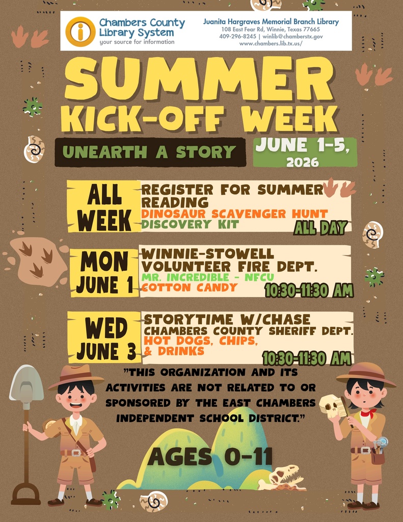 A poster for "Summer Kick-Off Week" features illustrations of two children in uniforms with shovels. Dates are listed along with event details.