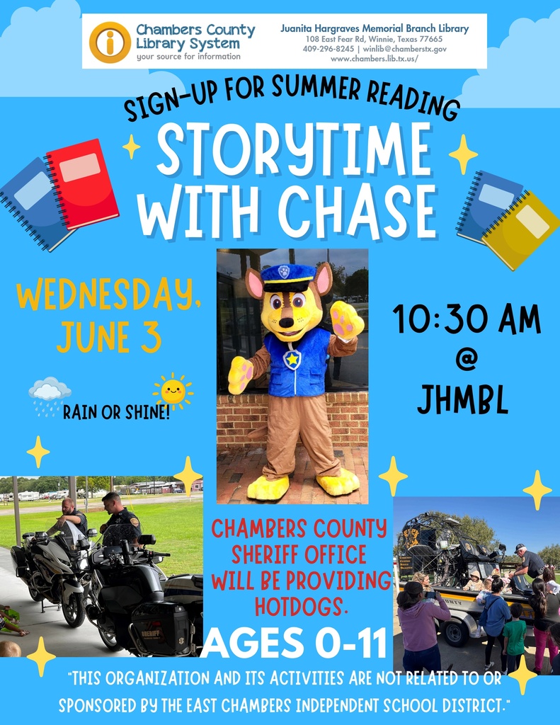 Poster for summer reading event with mascot Chase. Features a photo collage of a motorcycle, sheriff, and crowd.
