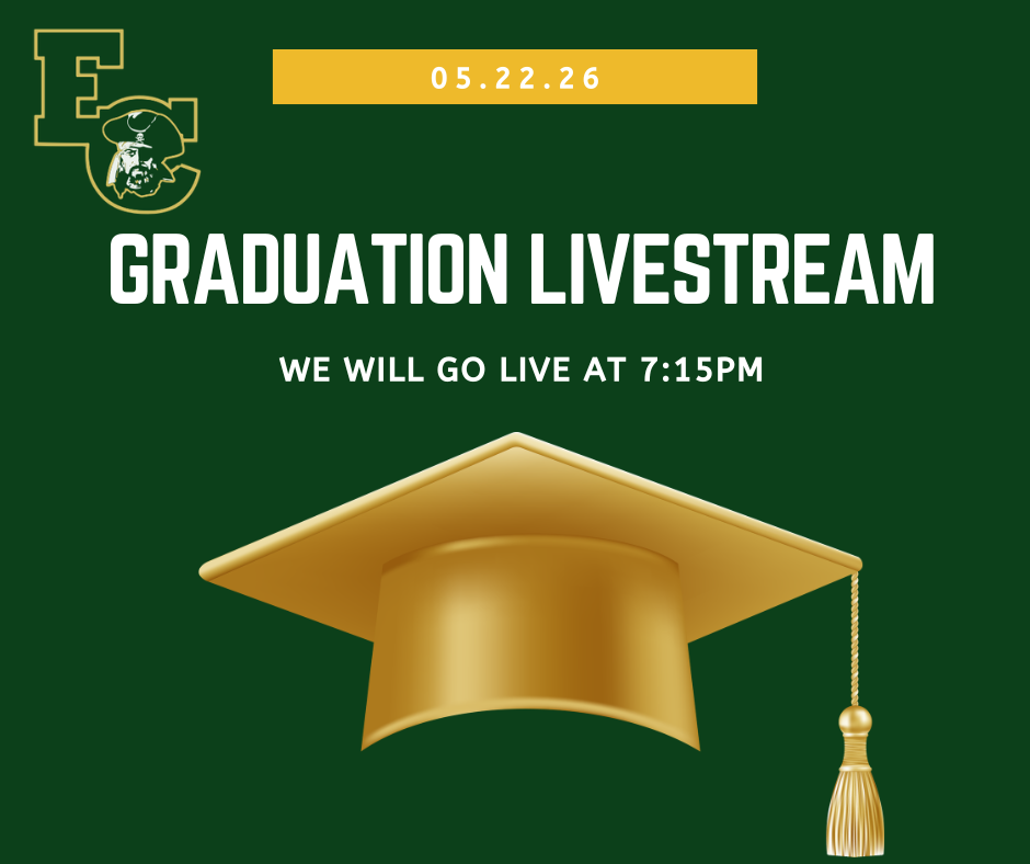 Green background with text and gold graduation cap. "Graduation Livestream" text above cap. "We will go live at 7:15pm" below.
