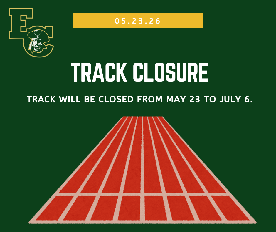 A green poster features a red track with white lines. The text "TRACK CLOSURE" and a date range are on the poster.