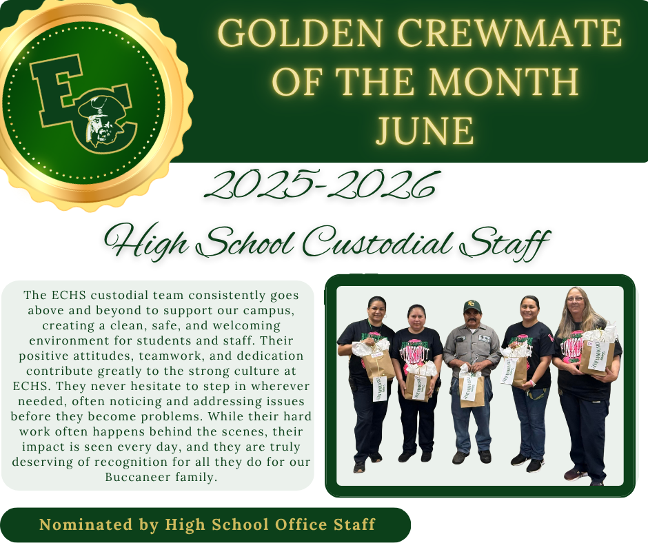 A poster recognizes the custodial staff of June 2025-2026, highlighting their dedication and impact on the school environment.