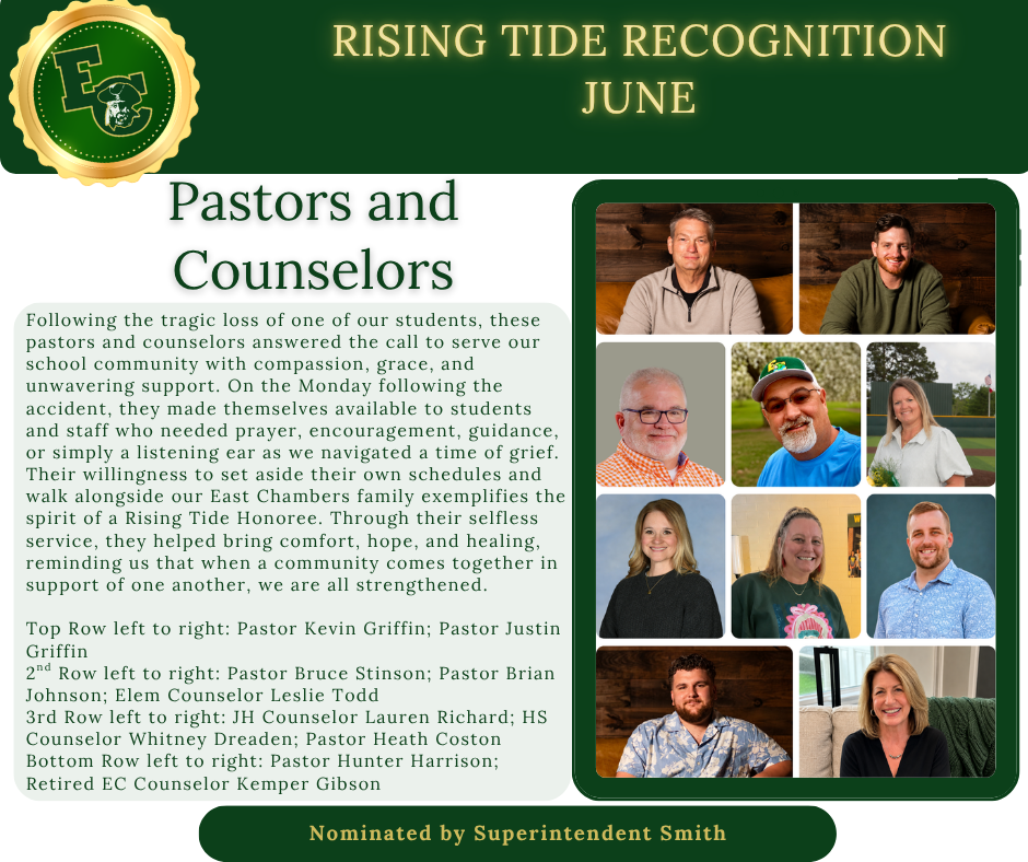 A collage of photos of smiling individuals. "Rising Tide Recognition June" and "Pastors and Counselors" in bold text.