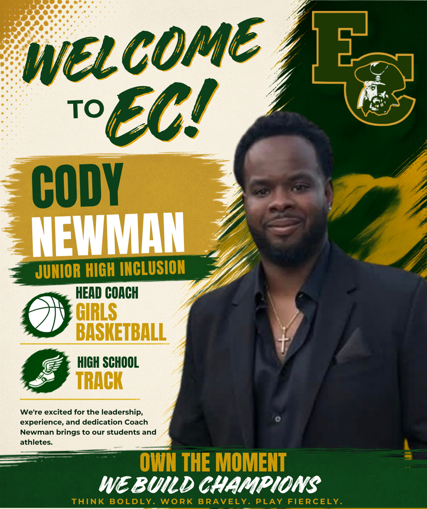 An ad poster shows a man in a suit. He smiles and wears a necklace. Text says "Welcome to EC! Cody Newman, Junior High Inclusion Head Coach."