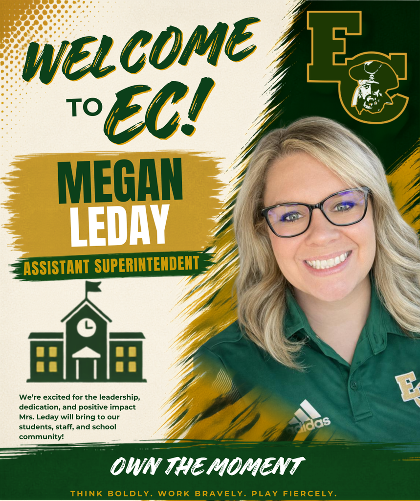 An ad featuring Megan Leday, Assistant Superintendent. She wears glasses, a green Adidas shirt, and smiles. Background includes green, yellow, and white.