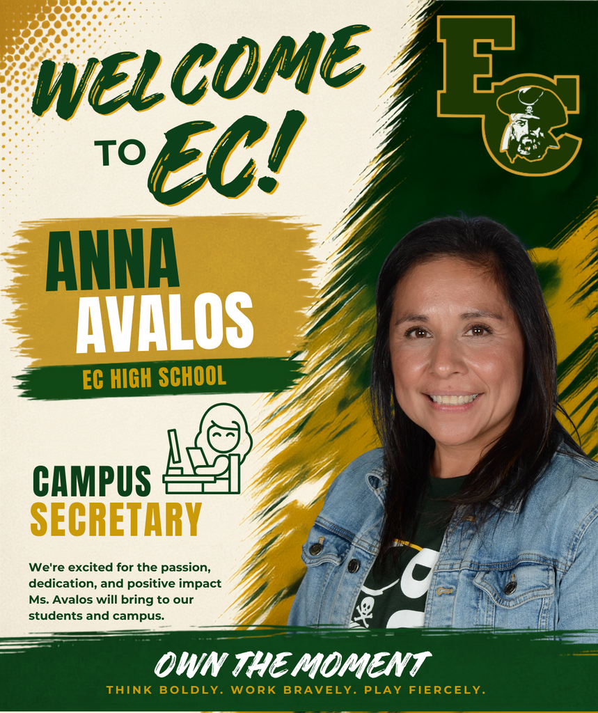 Green and yellow background with text reading "Welcome to EC!" A smiling woman with black hair, wearing a denim jacket.