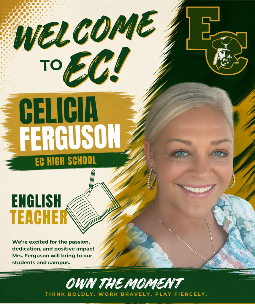 Poster featuring a smiling woman with short blonde hair. The woman wears a blue and white floral blouse. Text reads "Welcome to EC! Celia Ferguson, English Teacher."