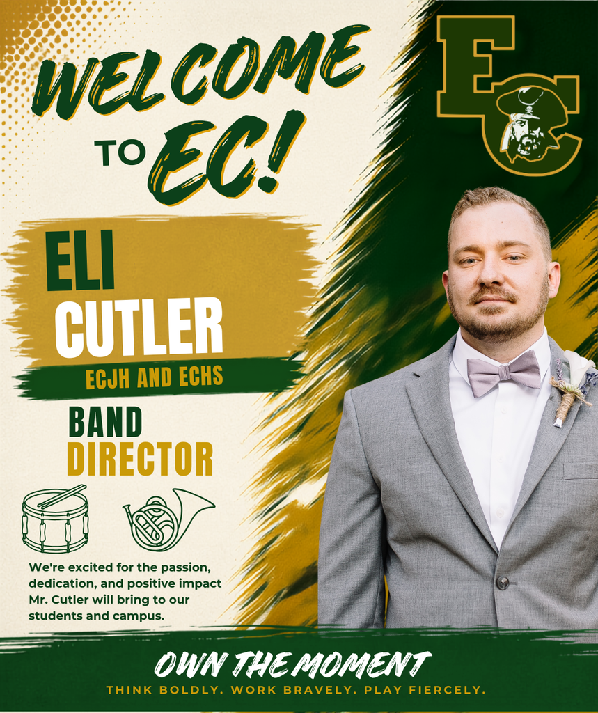 An advertisement featuring Eli Cutler, a band director, in a gray suit and bowtie. The background is green and yellow.