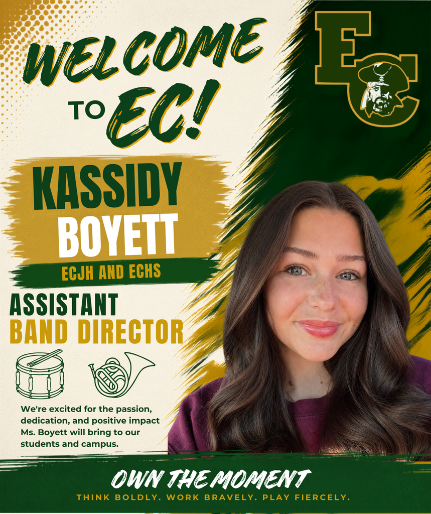 An advertisement features a woman with long dark hair smiling. Text reads, "WELCOME TO EC! KASSIDY BOYETT ECDU AND ECHS ASSISTANT BAND DIRECTOR."