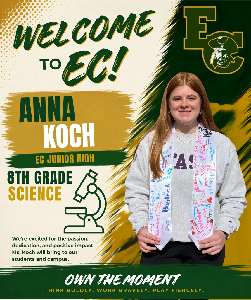 Poster featuring a smiling female student, Anna Koch, standing with a lab microscope. Green and yellow background.