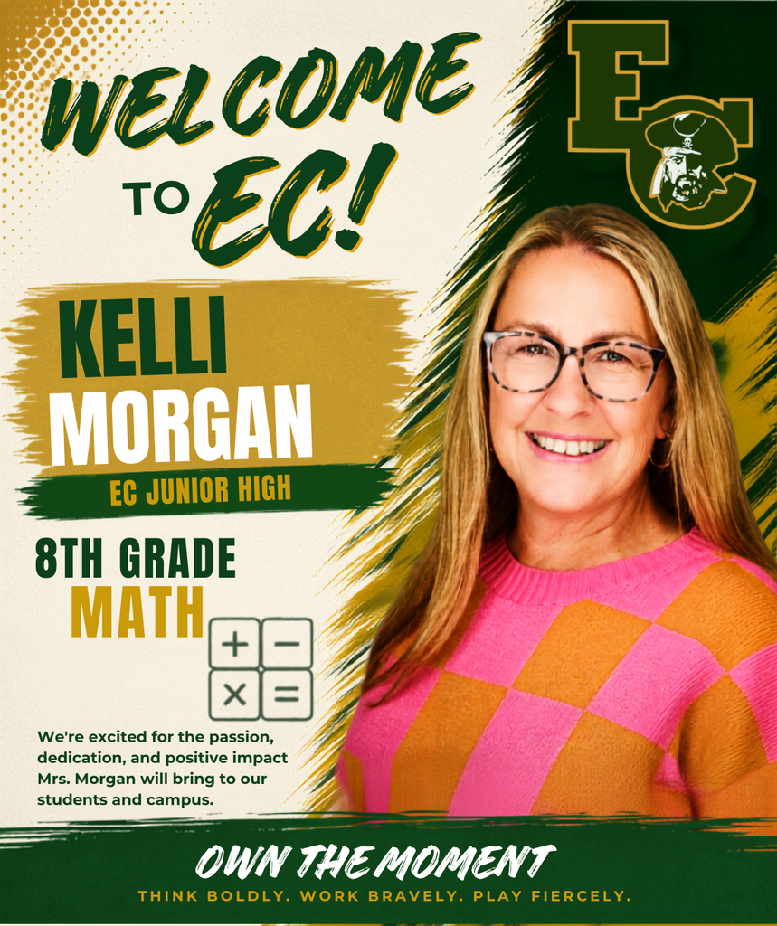 A smiling woman with glasses and a pink sweater poses against a green and yellow background. Text reads "Welcome to EC!" and "Kelli Morgan 8th Grade Math".