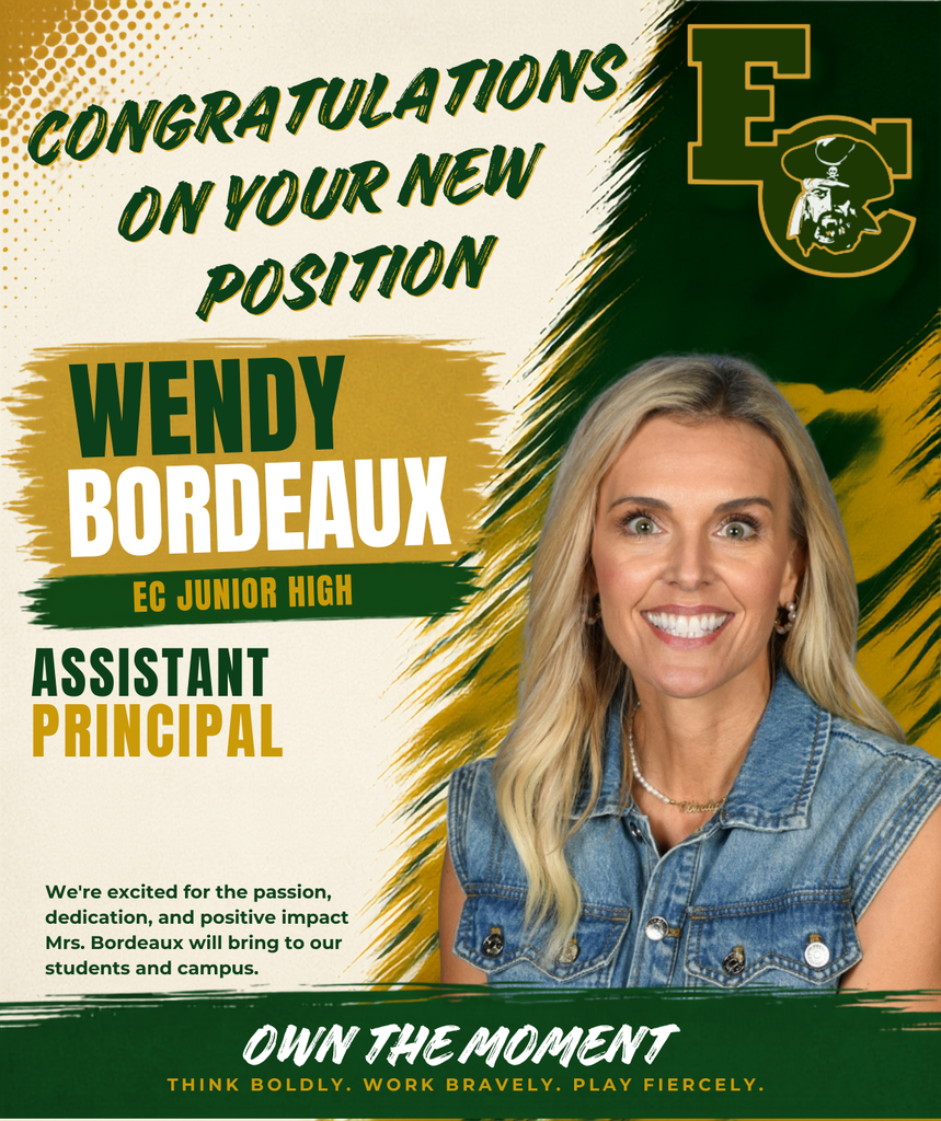 An announcement congratulates Wendy Bordeaux for becoming an assistant principal, featuring a photo of her smiling.