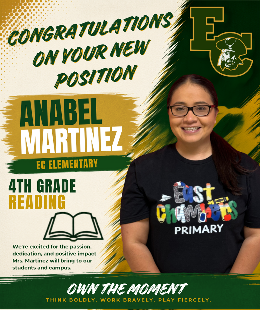 An advertisement displays a smiling woman in a black t-shirt. The text reads "Congratulations on your new position, Anabel Martinez, EC Elementary, 4th Grade Reading."