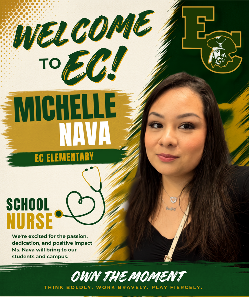 A woman in a black top and necklace stands next to a stethoscope and heart. Text reads "Michelle Nava, EC Elementary School Nurse".
