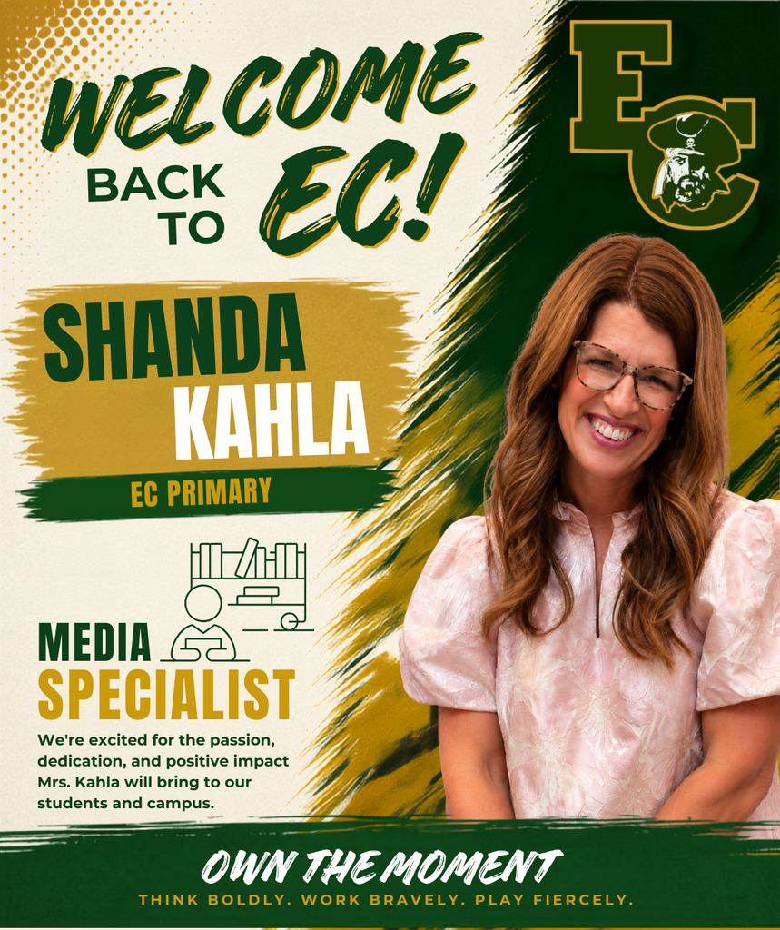 An advertisement displays a smiling woman in a pink blouse and glasses. Text reads: Welcome back to EC! Shanda Kahla, EC Primary Media Specialist.
