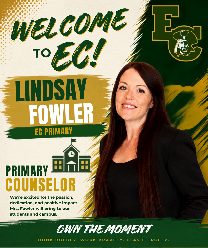A smiling woman in a black top stands before a poster that reads "Welcome to EC!" and "Primary Counselor".