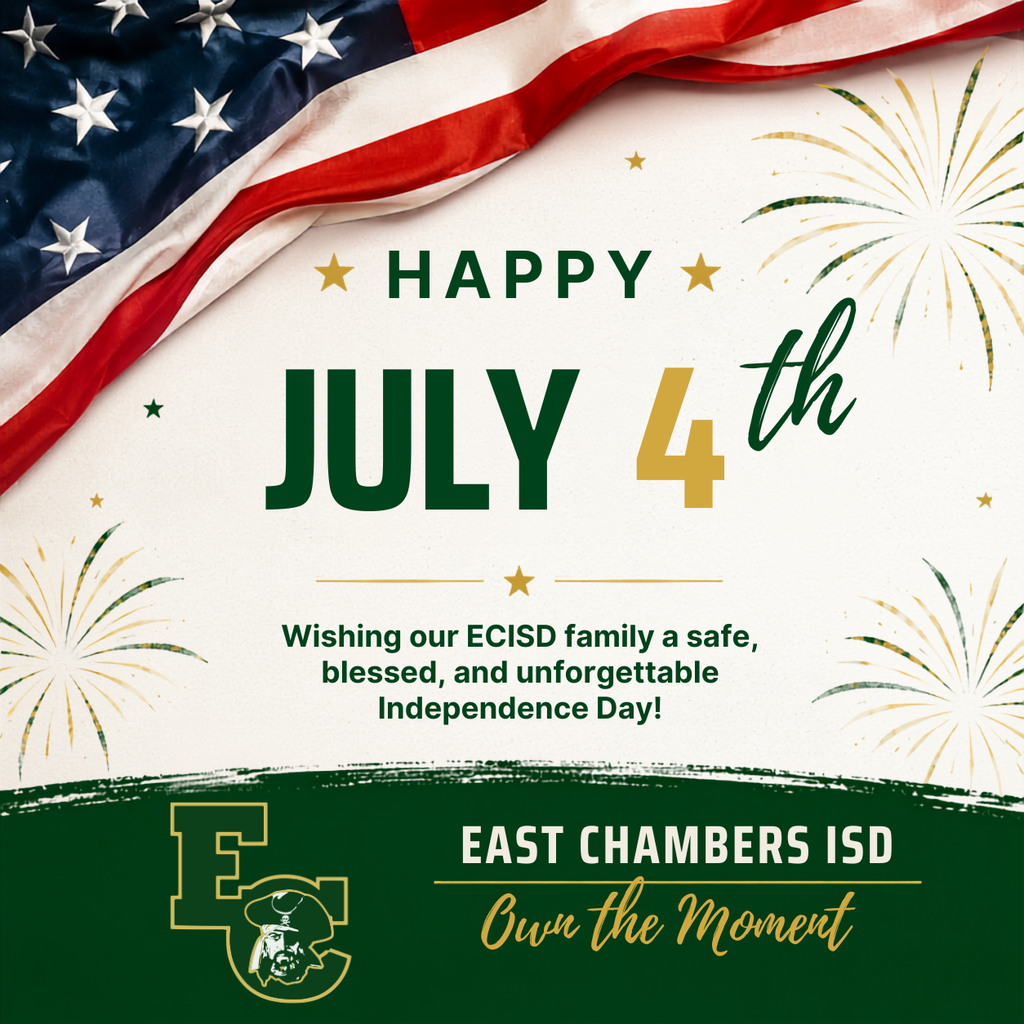 American flag in background. Green and white text reads "Happy July 4th" with fireworks.