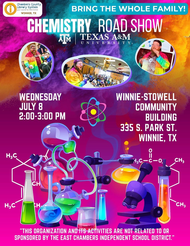 Event poster for Chemistry Road Show at Winnie-Stowell Community Building. Features images of lab equipment and people. Date: July 8, Time: 2:00-3:00 PM.