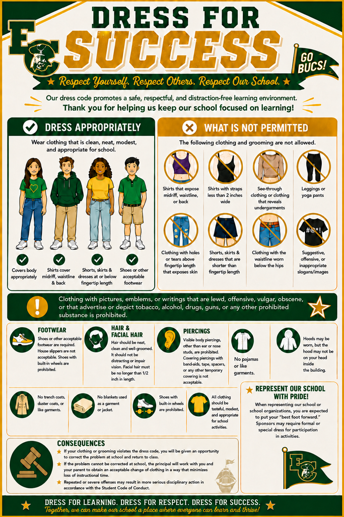 An infographic titled "Dress for Success" lists appropriate and inappropriate clothing. It includes a visual of children in acceptable attire.