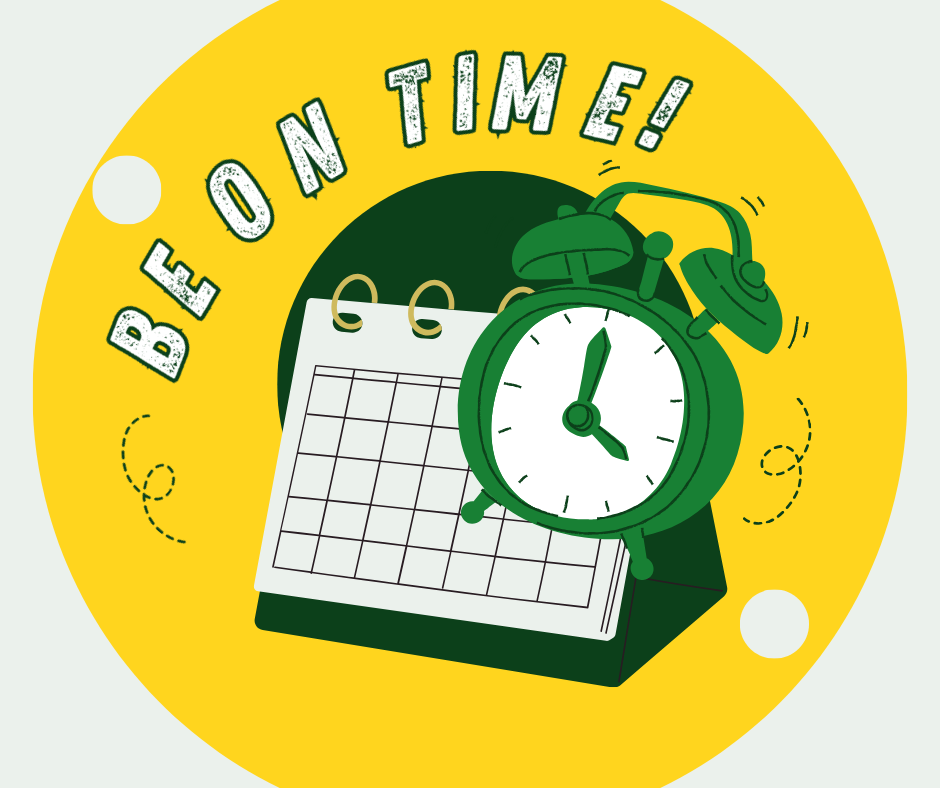 Illustration of an alarm clock on a calendar against a yellow background. Text reads "BE ON TIME!".