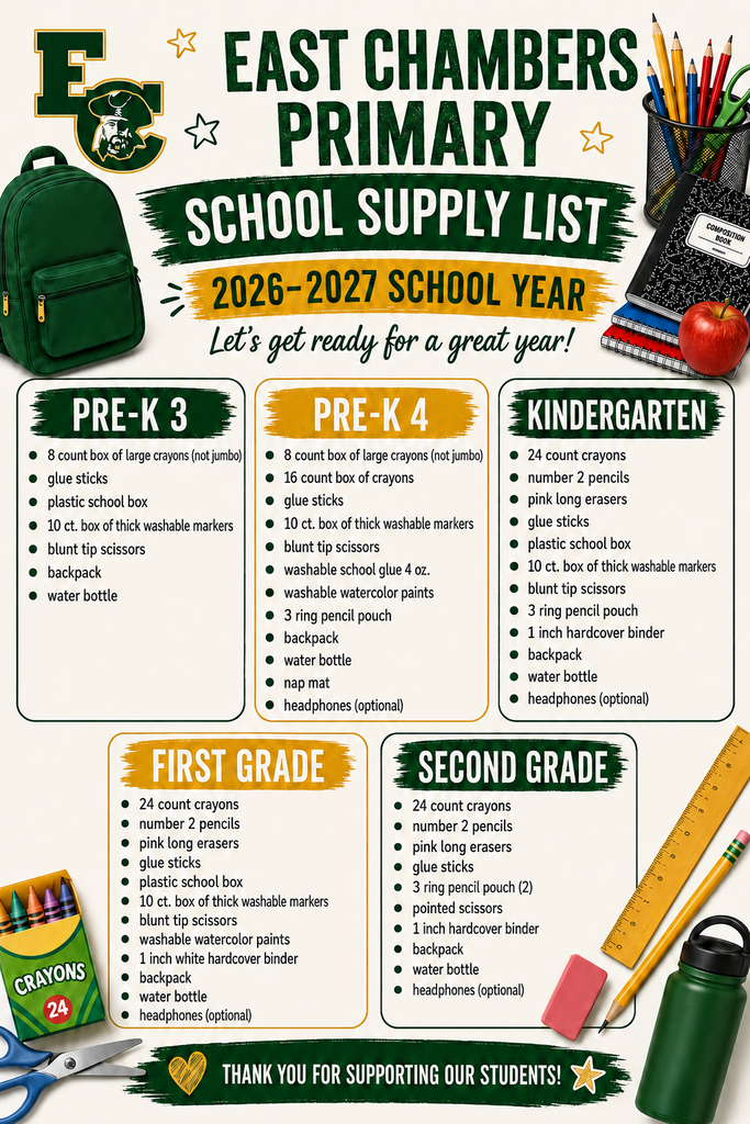 An advertisement lists school supplies for East Chambers Primary for 2026-2027. Categories include Pre-K-3, Pre-K-4, and Kindergarten.