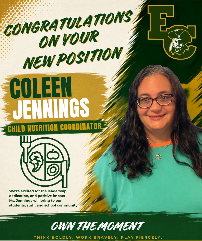 An advertisement congratulates Colleen Jennings on her new role as Child Nutrition Coordinator. She wears glasses, a necklace, and a green shirt.