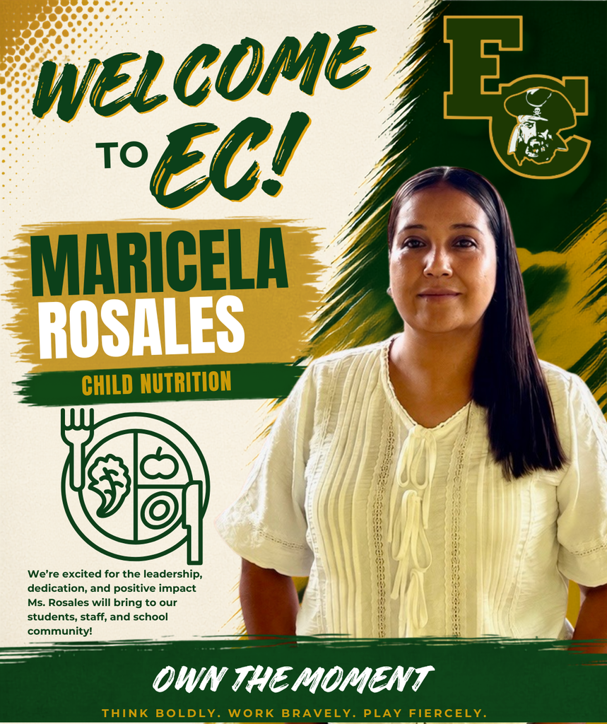 A woman in a white top stands next to a school logo and text, welcoming Maricela Rosales for Child Nutrition.