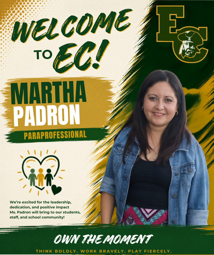 A welcome poster featuring a woman in a black top and denim jacket. The poster reads "Welcome to EC!" and "Martha Padron Paraprofessional".