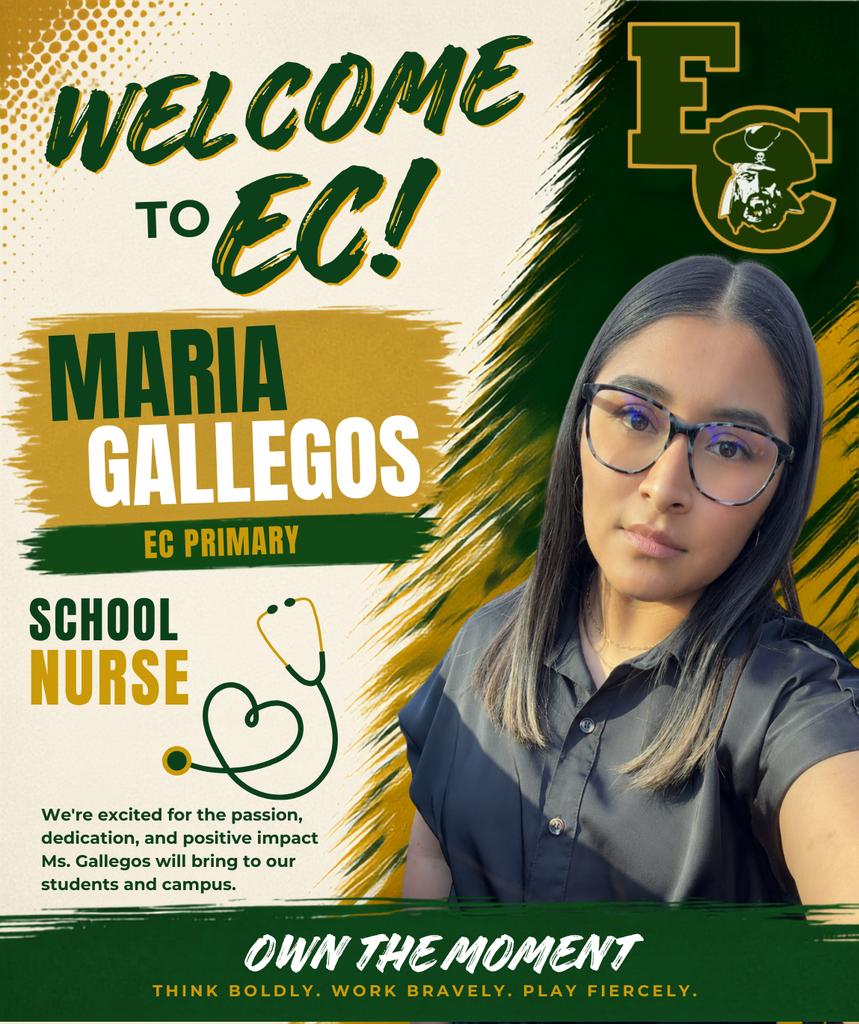 Woman with glasses stands in front of a green background, smiling. Green and yellow backdrop. "Welcome to EC!" and "Maria Gallegos" in bold.