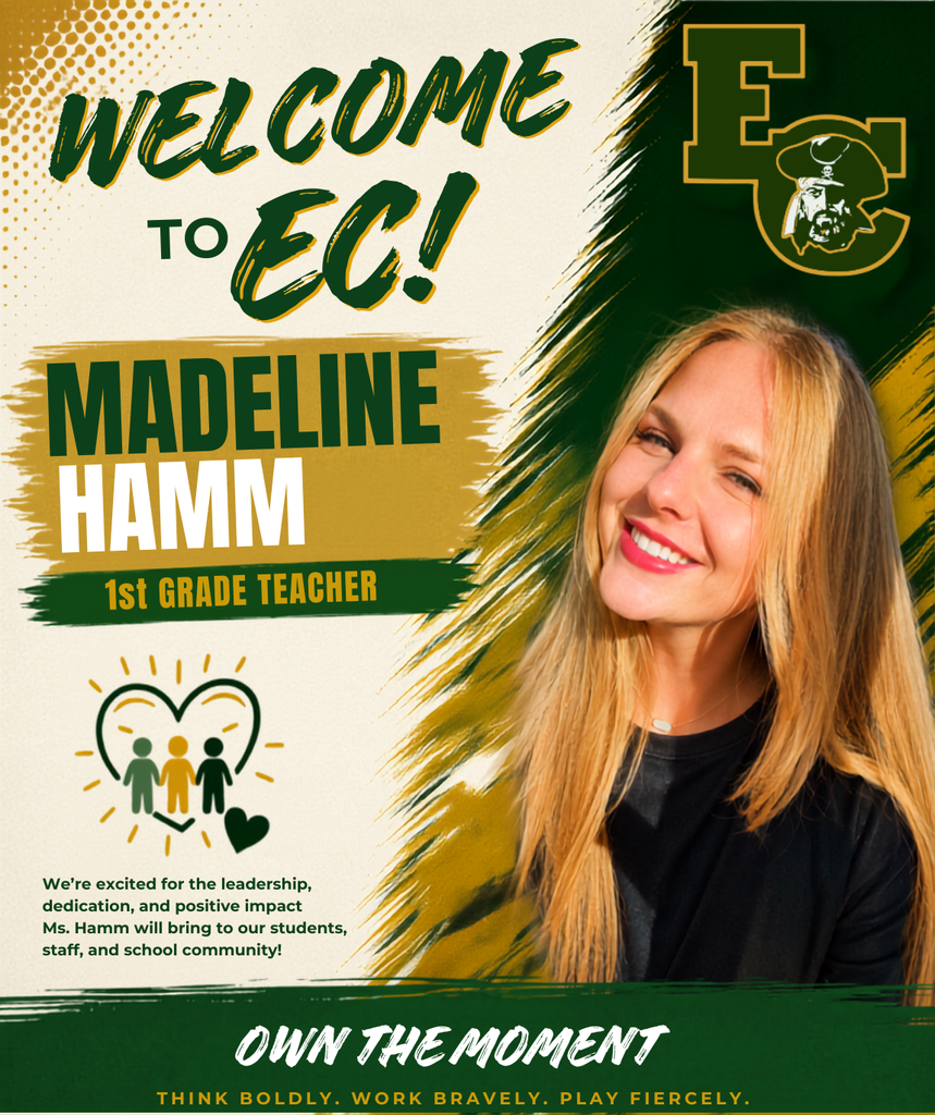 Poster with a smiling woman, "Madeline Hamm, 1st Grade Teacher" in bold. Green and gold background with school logo.
