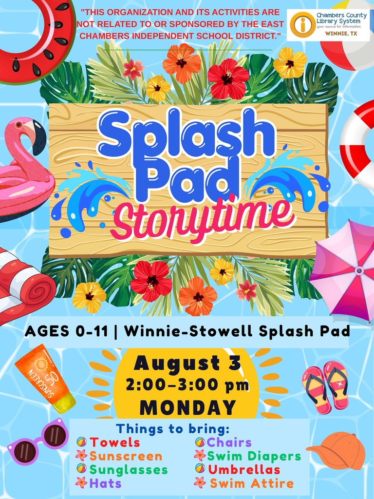 A flyer advertises Splash Pad Storytime for ages 0-11. It features a pink flamingo, flowers, and umbrellas against a blue background.