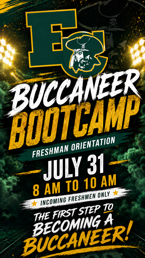 An event poster for "Buccaneer Bootcamp Freshman Orientation" on July 31 from 8 AM to 10 AM. Features a pirate logo, spotlights, and trees.