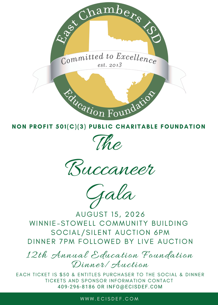 An event invitation from East Chambers ISD Education Foundation. Features a map of Texas, event details, and the date August 15, 2026.