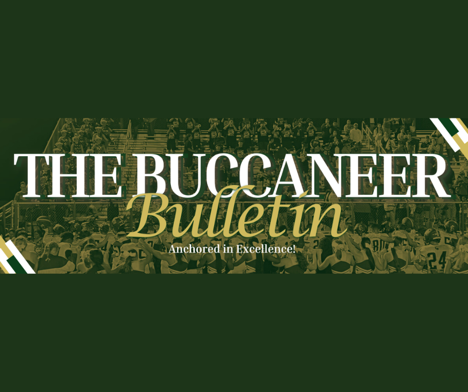 A banner displays "The Buccaneer Bulletin" with a crowd of people in the background, set against a green backdrop.