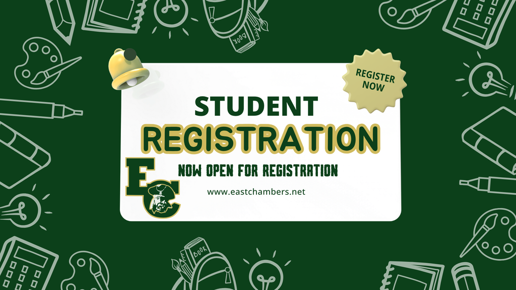 A green backdrop with various educational icons like books, pencils, and a calculator. A white banner reads "STUDENT REGISTRATION" with "Now Open for Registration" below it.