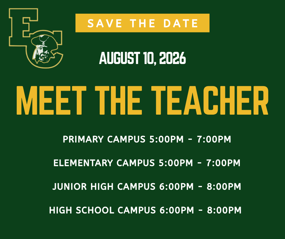 Green background with yellow text. "Save the Date" above the date "August 10, 2026" and "Meet the Teacher" below.