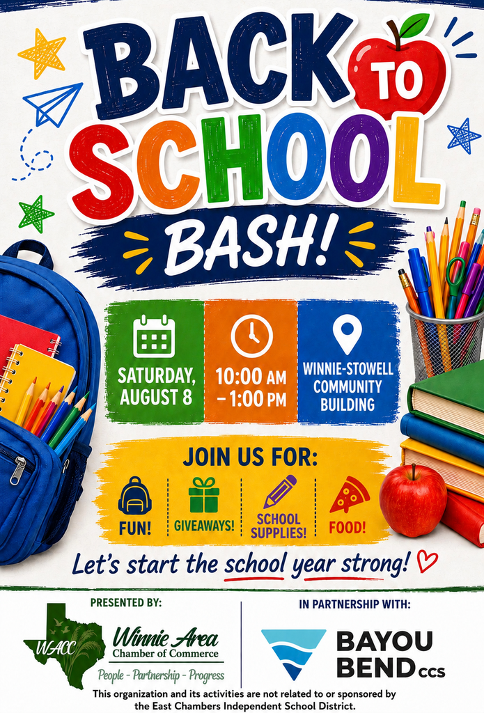 A colorful flyer for a Back-to-School Bash event. It features a backpack, pencils, and books. It says "Saturday, August 8, 10:00 AM - 1:00 PM" and "Fun, giveaways, school supplies, and food."