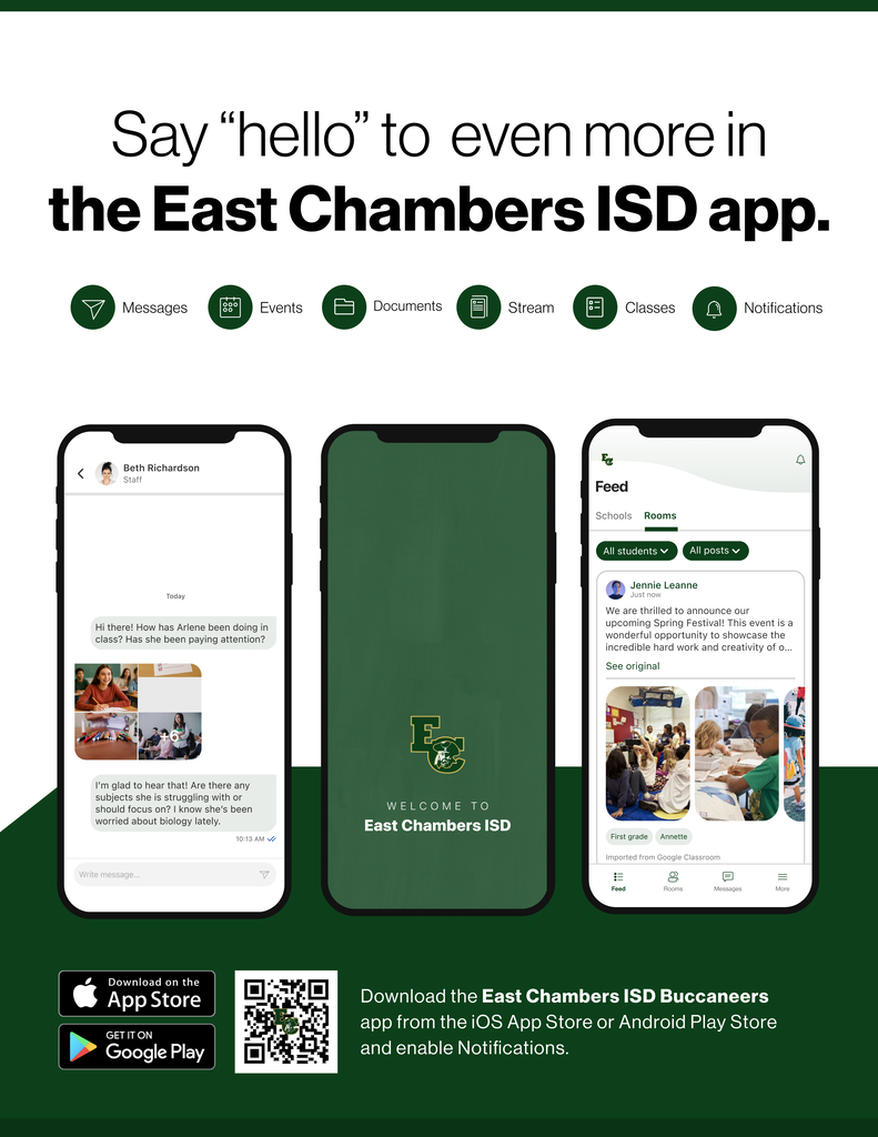 Three smartphones display the East Chambers ISD app interface. Each phone shows different content: one with a message, another with events, and the third with food.