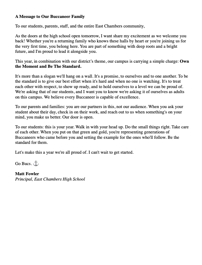 A document with a blue border contains text. It reads: "A Message to Our Buccaneers Family". It has a signature "Matt Fowler" at the bottom.