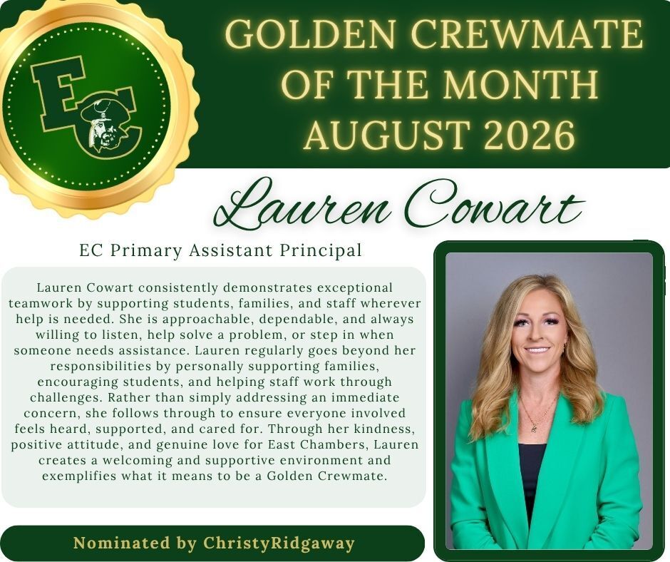 A badge reads "Golden Crewmate of the Month August 2026". Lauren Cowart is the EC Primary Assistant Principal.