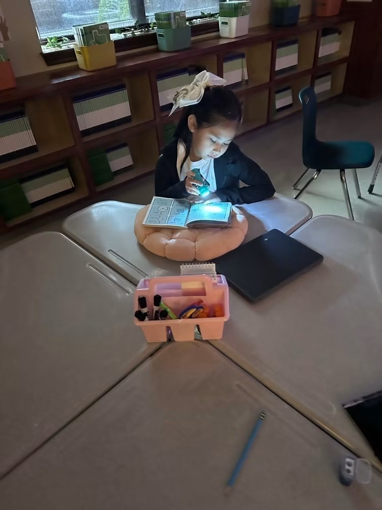 A child sits at a desk, reading from an open book. A laptop and a pencil are nearby.